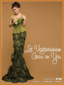 Alyssa Milano dressed in vegetables. Reads: "Let Vegetarianism Grow on You."