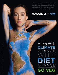 Naked woman painted like a globe. Reads: "Fight Climate Change with Diet Change, Go Veg"