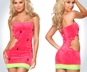Woman in tight fitting mini dress patterned like watermelon