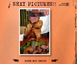 Screencap from website that shows a large piece of animal flesh being sliced. Labeled under "Sexy pictures!!" and "Hot shots"