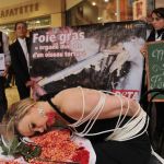 Woman bound by rope face down on a dining table covered in her blood and vomit in an anti-foie gras demo