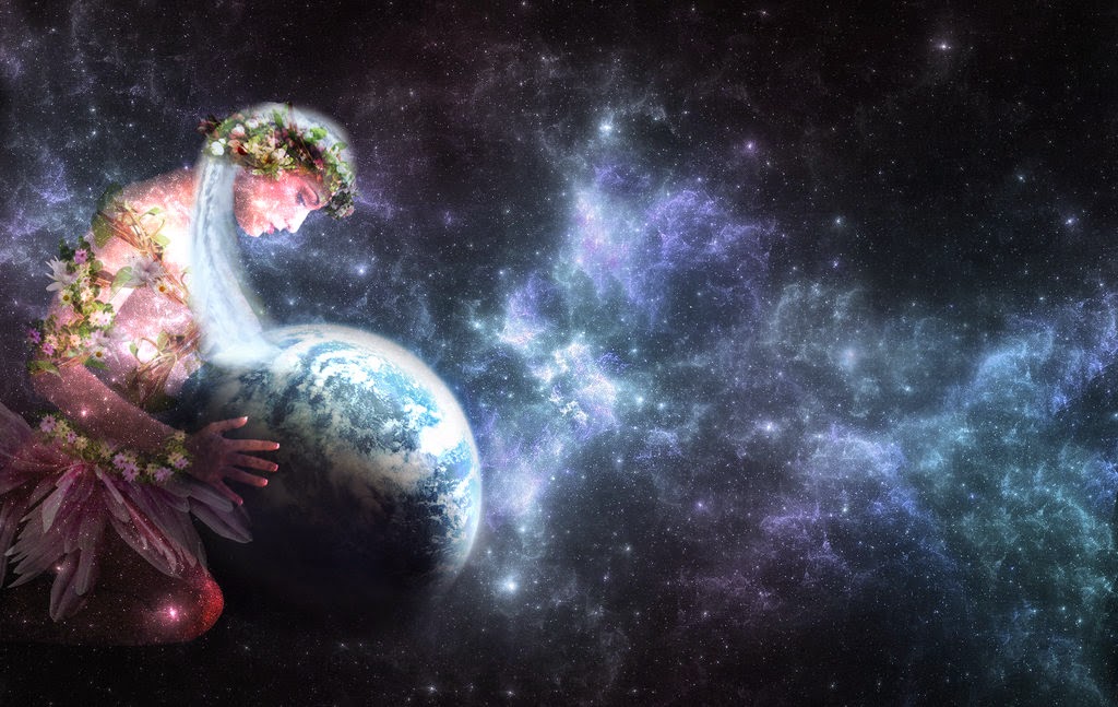 Image of a celestial mother earth holding planet earth in space.