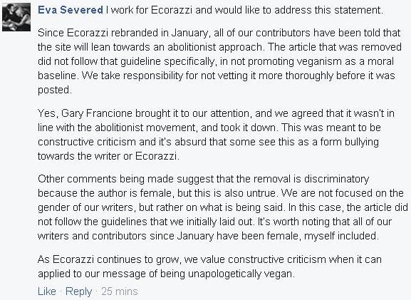 Ecorazzi statement posted on VFN which claims that the essay was removed at the request of Gary Francione for not being vegan or abolitionist enough