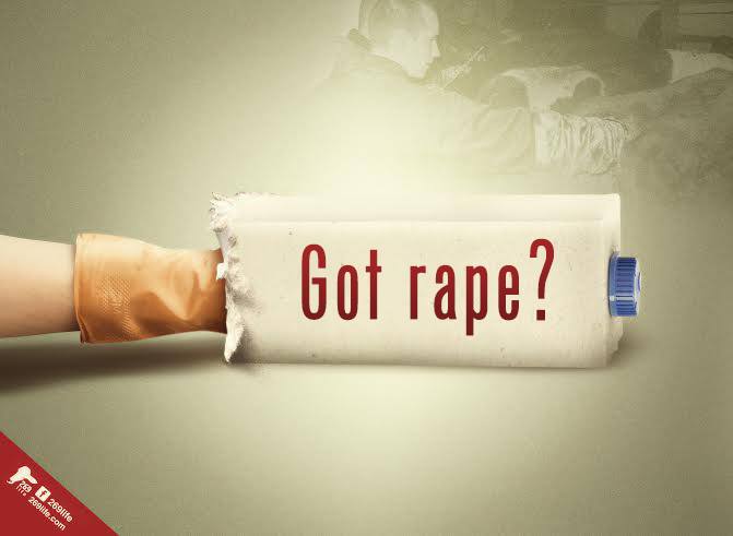 Milk carton with an arm shoved into it, reads, "Got rape?"